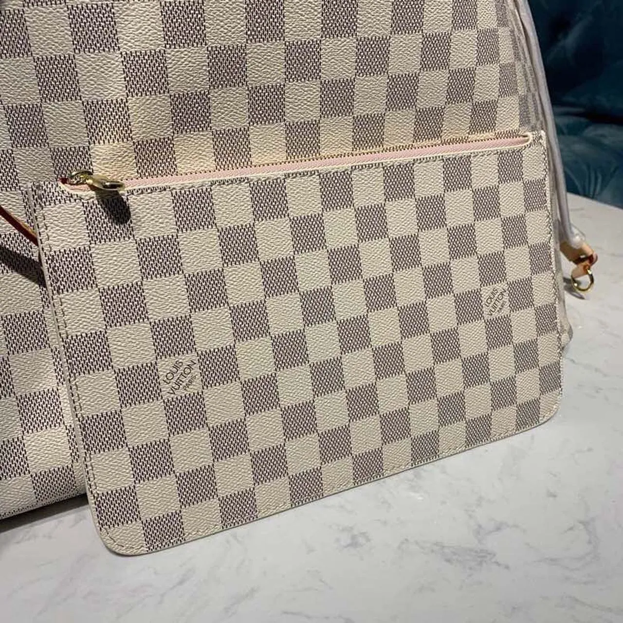 LV Neverfull GM Tote Bag Damier Azur Canvas Rose Ballerine Pink For Women,  Shoulder Bags 15.4in/39cm LV N41604