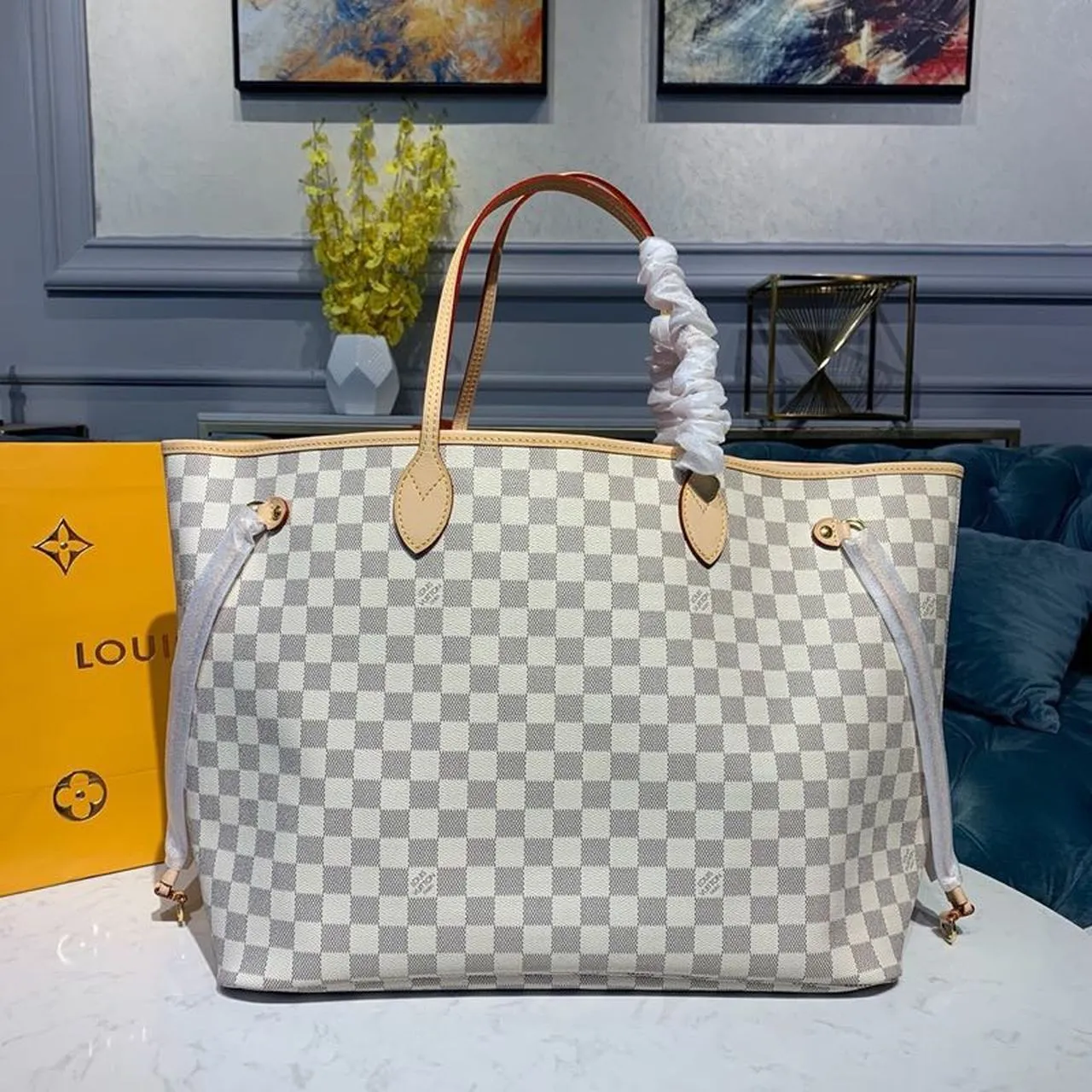 LV Neverfull GM Tote Bag Damier Azur Canvas Rose Ballerine Pink For Women,  Shoulder Bags 15.4in/39cm LV N41604