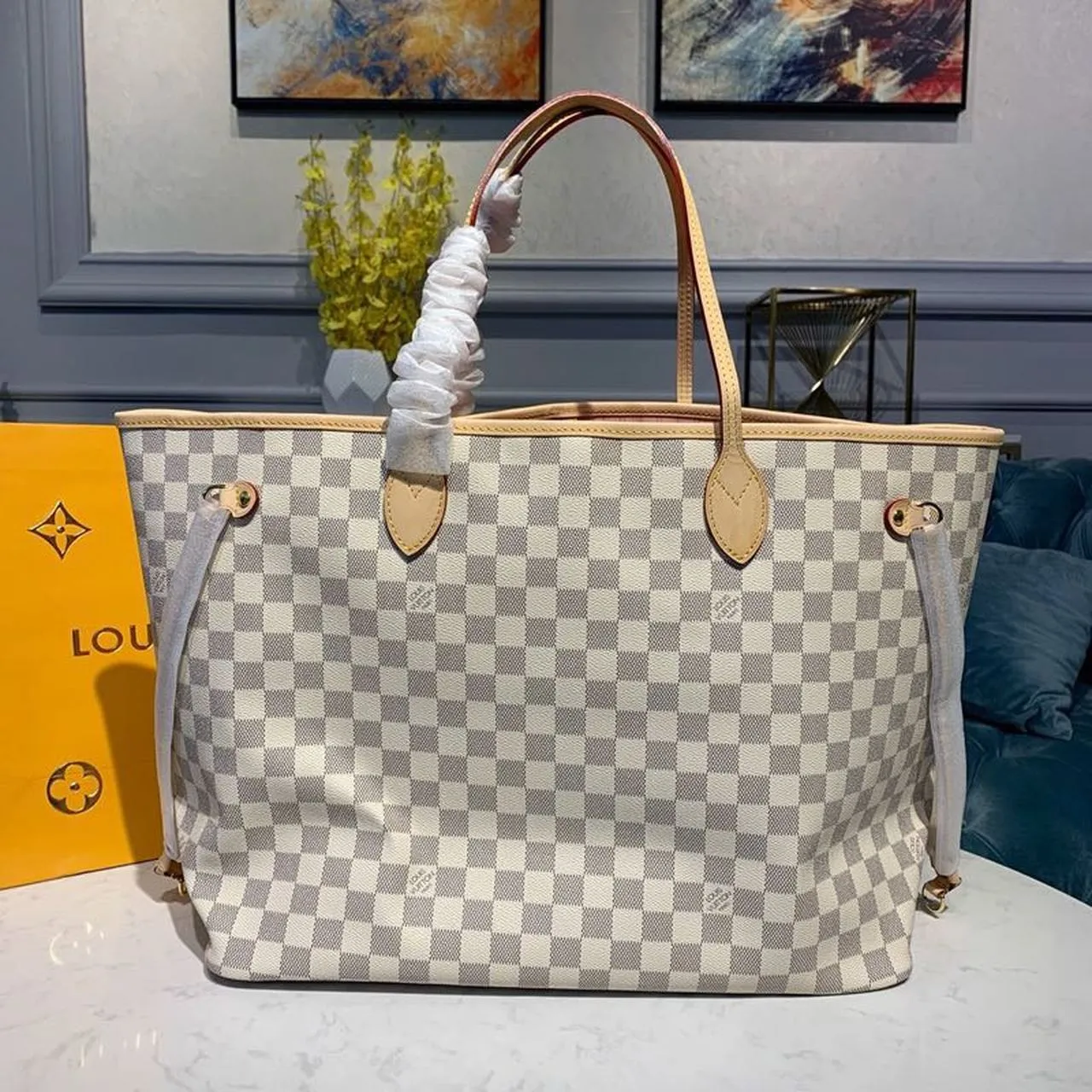 LV Neverfull GM Tote Bag Damier Azur Canvas Rose Ballerine Pink For Women,  Shoulder Bags 15.4in/39cm LV N41604