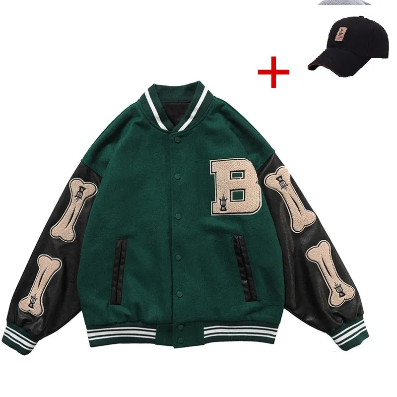 Men Varsity Bomber Jacket Harajuku Korea Bone Letter Patchwork Hip Hop Streetwear Single Bbreasted Baseball Coats Unisex College