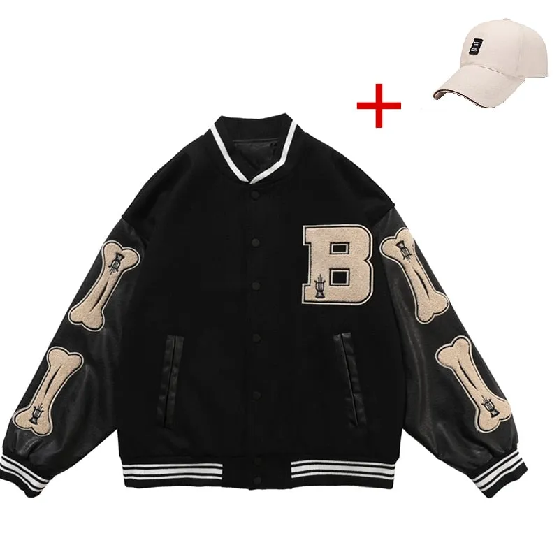 Men Varsity Bomber Jacket Harajuku Korea Bone Letter Patchwork Hip Hop Streetwear Single Bbreasted Baseball Coats Unisex College