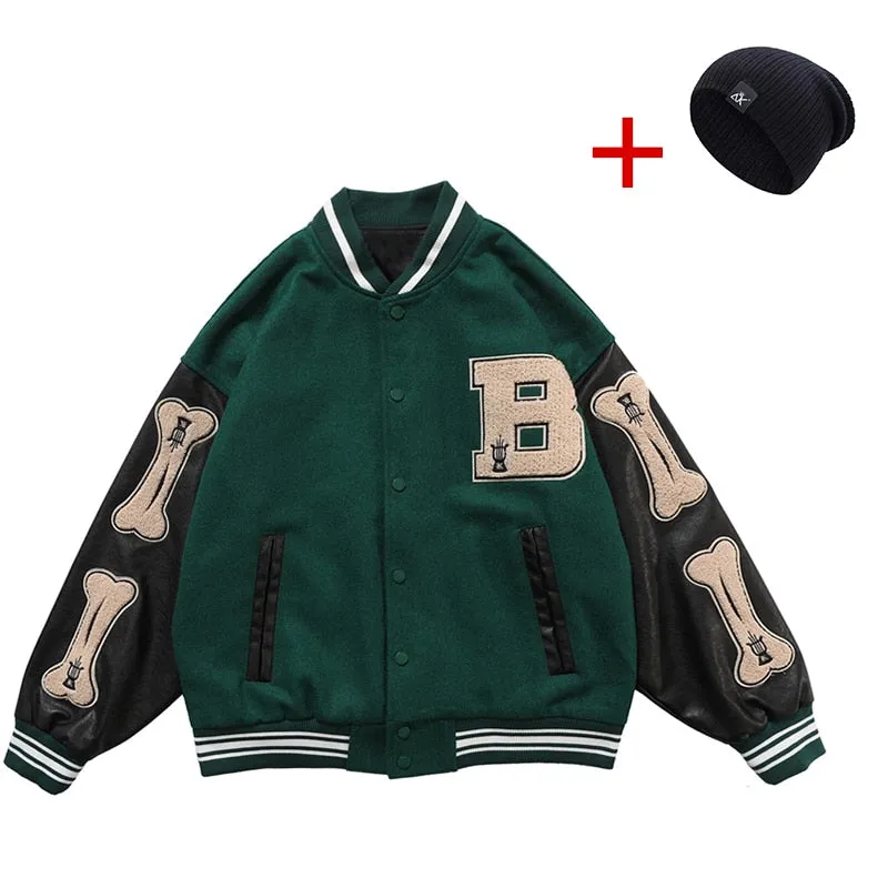 Men Varsity Bomber Jacket Harajuku Korea Bone Letter Patchwork Hip Hop Streetwear Single Bbreasted Baseball Coats Unisex College