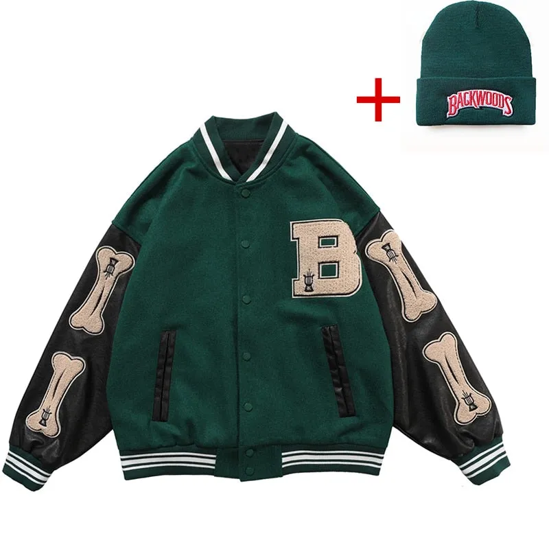 Men Varsity Bomber Jacket Harajuku Korea Bone Letter Patchwork Hip Hop Streetwear Single Bbreasted Baseball Coats Unisex College