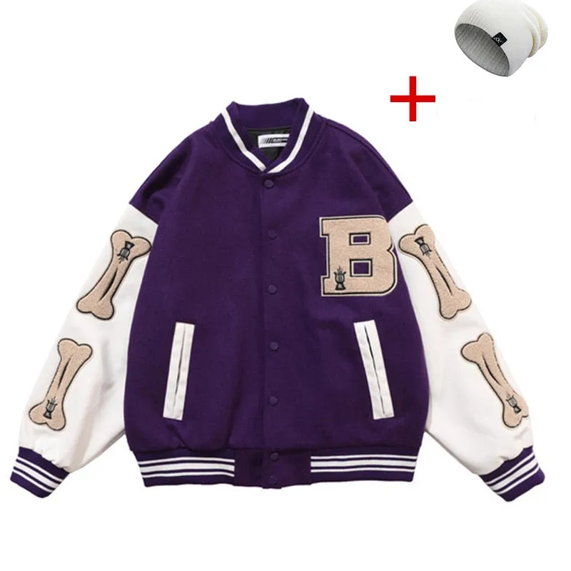 Men Varsity Bomber Jacket Harajuku Korea Bone Letter Patchwork Hip Hop Streetwear Single Bbreasted Baseball Coats Unisex College