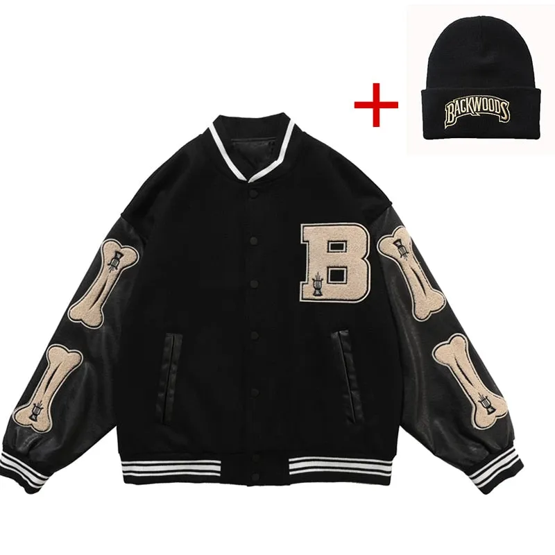 Men Varsity Bomber Jacket Harajuku Korea Bone Letter Patchwork Hip Hop Streetwear Single Bbreasted Baseball Coats Unisex College