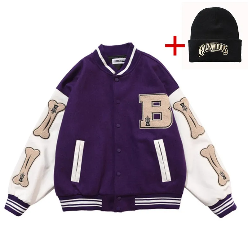 Men Varsity Bomber Jacket Harajuku Korea Bone Letter Patchwork Hip Hop Streetwear Single Bbreasted Baseball Coats Unisex College