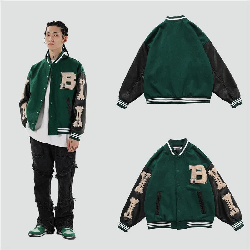 Men Varsity Bomber Jacket Harajuku Korea Bone Letter Patchwork Hip Hop Streetwear Single Bbreasted Baseball Coats Unisex College