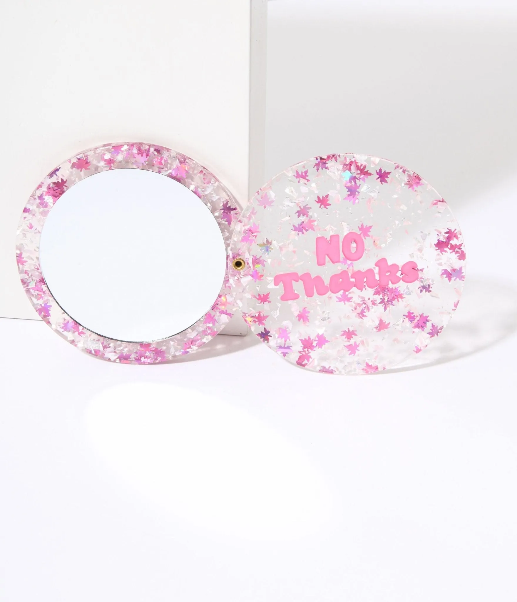 Pink No Thanks Glitter Compact Pocket Mirror