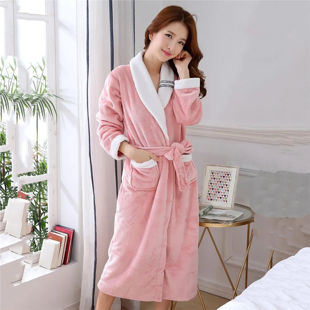 Thicken Warm Couple Style Flannel Robe Winter Long Sleeve Bathrobe Sexy V-Neck Women Men Nightgown Lounge Sleepwear Home Clothes