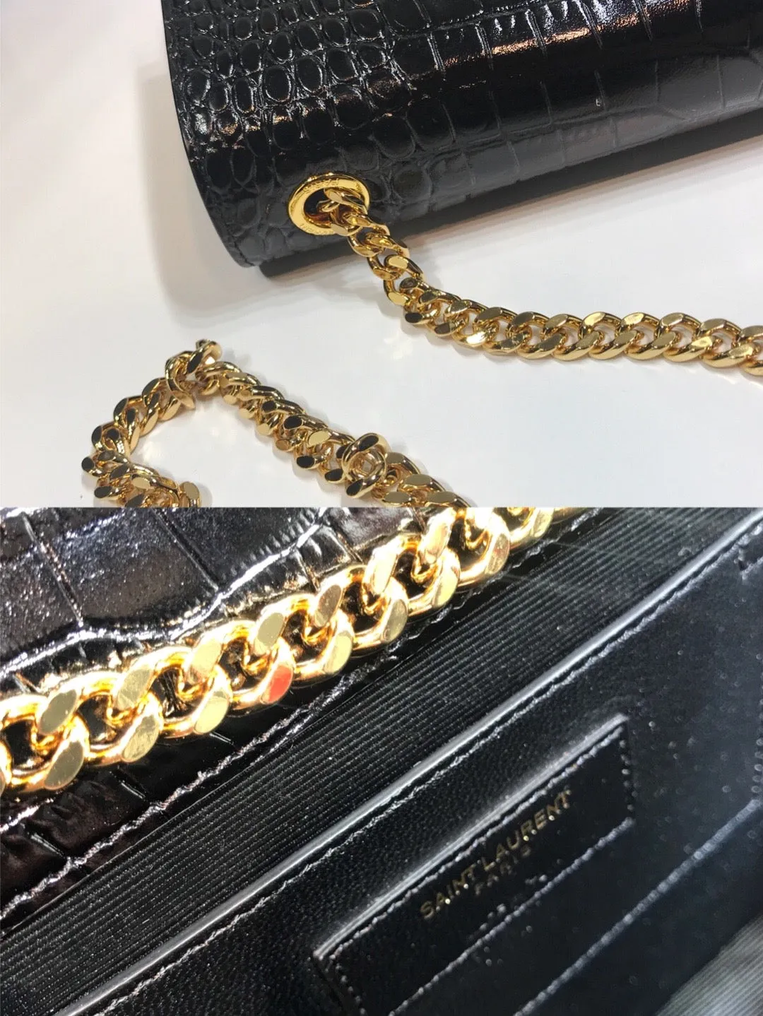 YSSL Kate Medium Chain Bag With Tassel In Embossed Crocodile Black For Women 9.4in/24cm YSL 354119DND0J1000