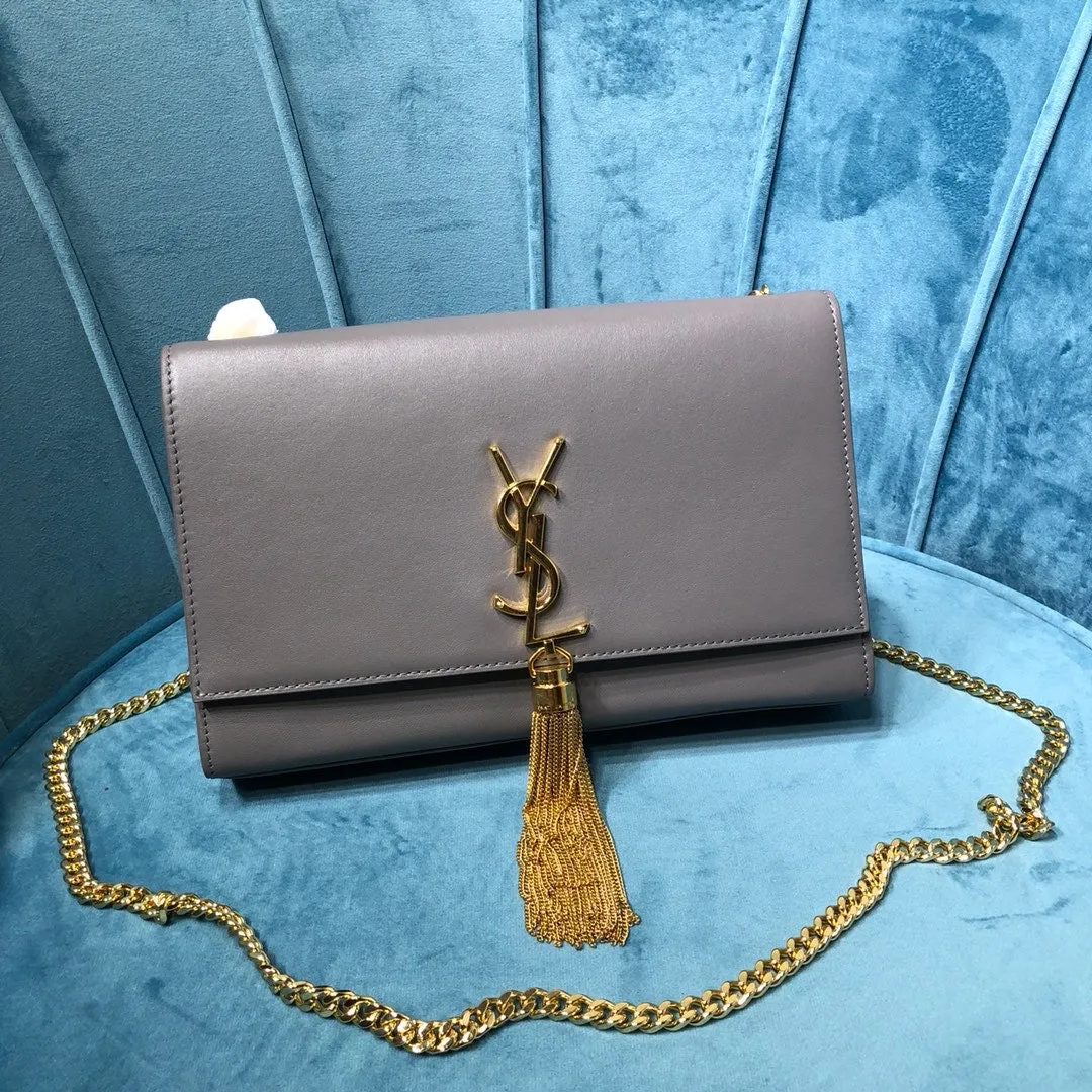 YSSL Kate Medium Chain Bag With Tassel In Grain De Poudre Grey For Women 9.4in/24cm YSL